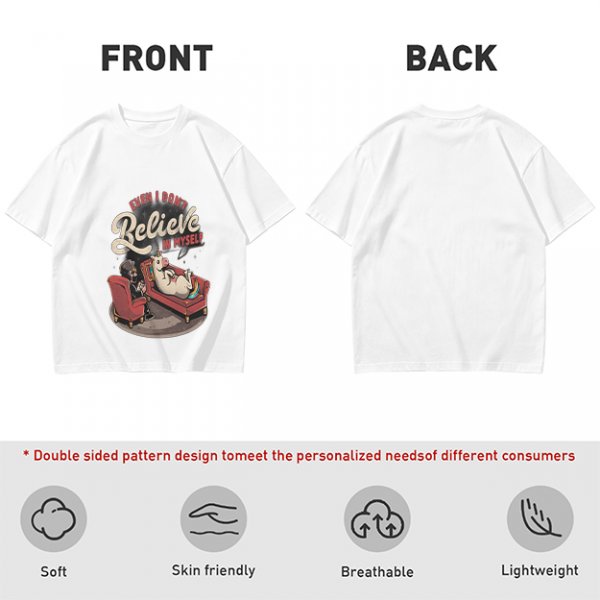 Olive graphic t-shirt with unicorn therapy and 'Even I Don't Believe In Myself' text