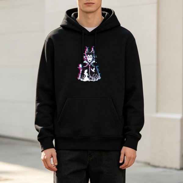 Black hoodie with glitch-style Maleficent graphic print