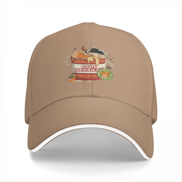 Black baseball cap with capybara in ramen cup graphic