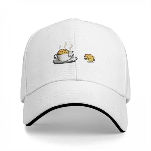 Black Baseball Cap with Coffee and Cookie Graphic Design