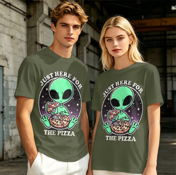 Olive green t-shirt with alien eating pizza text Just Here For The Pizza