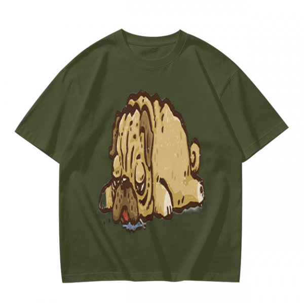 Olive Green T-Shirt With Cartoon Droopy Pug Graphic Print