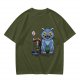 Olive T-Shirt With Whimsical Blue Cat And Mushroom Figure Print