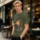 Olive T-shirt with giant cat bus monster and vintage planes graphic