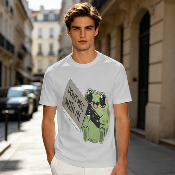 Olive t-shirt with cute frog holding knife and 'Don't mess with me' text