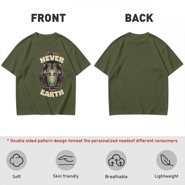 Olive green graphic t-shirt with 'cats were never from earth' alien and cat print