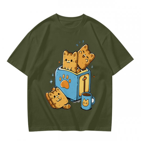 Olive T-Shirt With Cute Cat Toast Toaster Breakfast Art