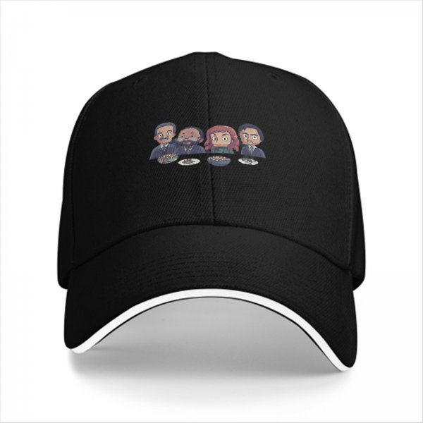 Black baseball cap with cartoon characters eating at table print