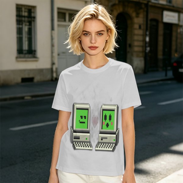 Olive T-shirt with pixel art retro computer characters print