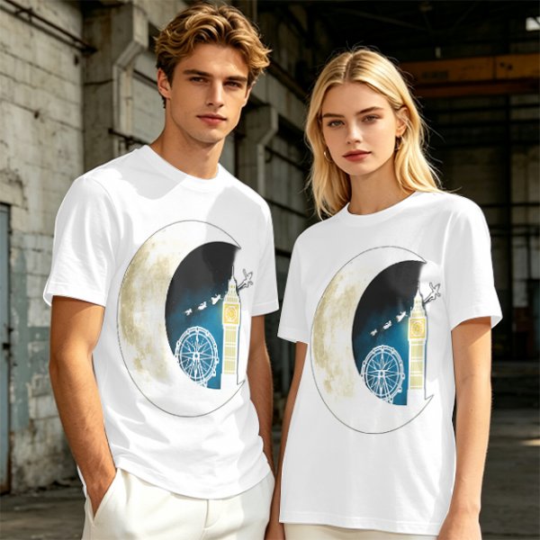 Olive T-Shirt with Crescent Moon London Skyline Flying Figures Print