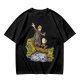 Olive T-shirt with fantasy characters balancing on a log over a stream