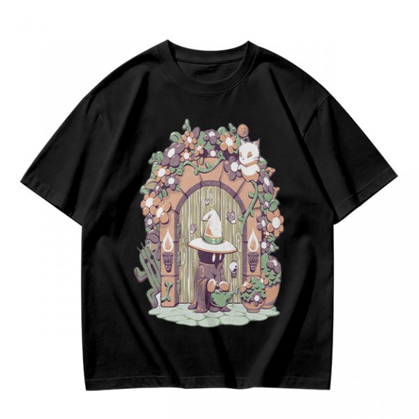 Olive T-Shirt With Whimsical Wizard Cat Garden Door Art