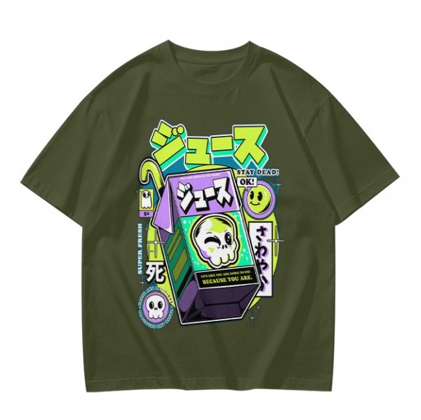 Olive T-shirt with spooky juice box graphic and playful skull art