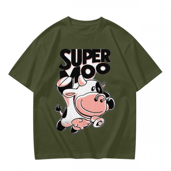 Olive green t-shirt with 'SUPER MOO' and cartoon cow graphic