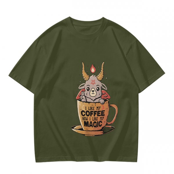 Olive t-shirt with cute Baphomet coffee magic print