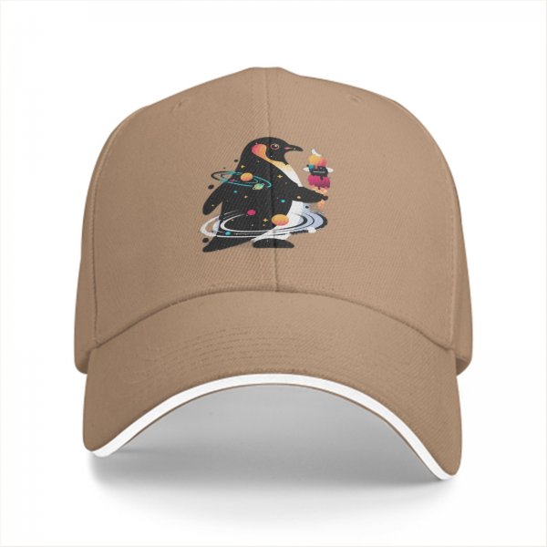 Black Baseball Cap With Cosmic Penguin Holding Ice Cream Print