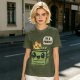 Olive green t-shirt with a cartoon dumpster on fire saying I'm a phoenix