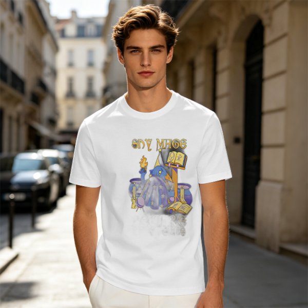 Olive T-Shirt with Shy Mage Wizard and Magical Artwork Print