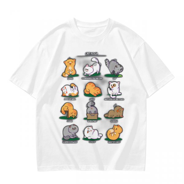 Olive Green T-Shirt With Cute Cat Yoga Pose Illustrations