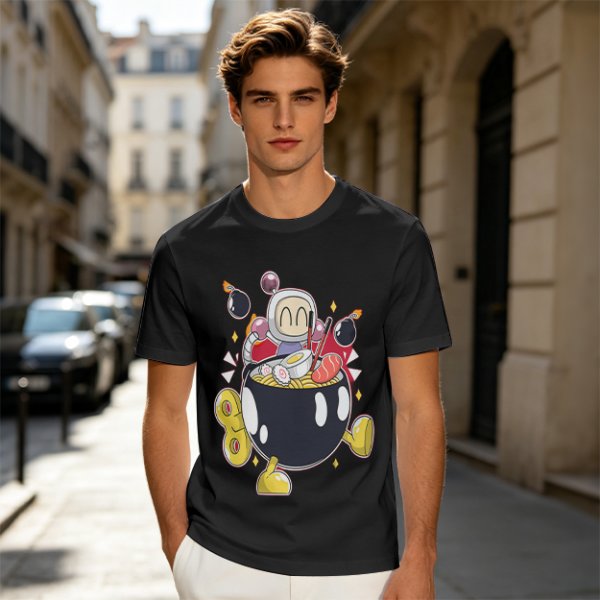 Olive T-shirt with Bomberman Character Eating Ramen Print