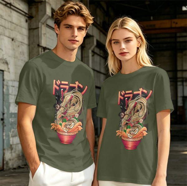 Olive T-Shirt with Japanese Ramen Dragon Graphic Print