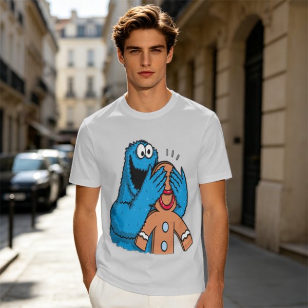 Olive T-shirt with Cookie Monster covering gingerbread man’s eyes