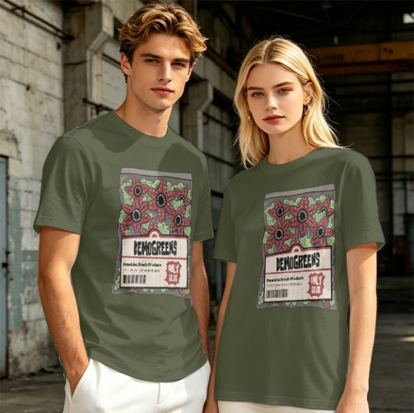 Olive Green T-Shirt With Demogorgon Vegetable Packet Print