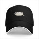 Black baseball cap with a stressed chubby white cat graphic