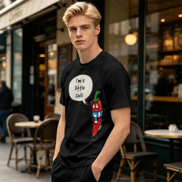 Olive green t-shirt with funny 'I'm a little chili' cartoon chili print