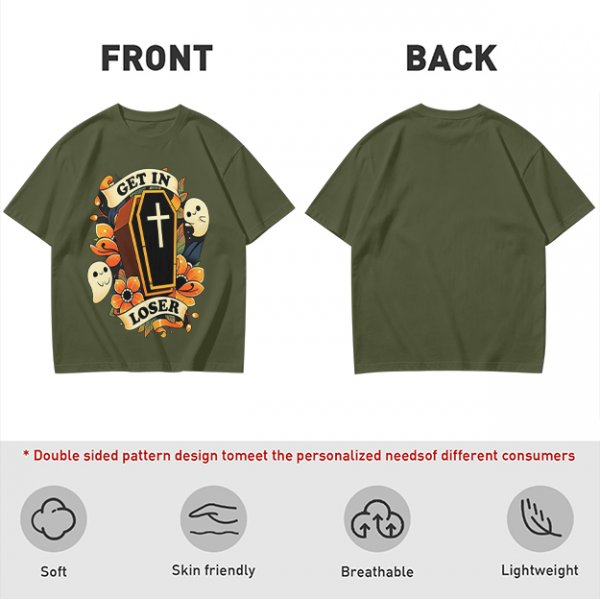 Olive Halloween T-Shirt with Get In Loser Coffin Ghost Floral Art