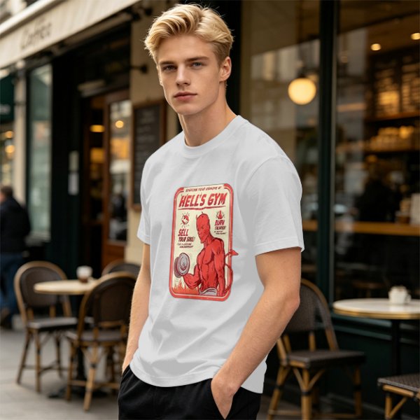 Olive T-shirt with Hell's Gym Devil Lifting Dumbbell Graphic