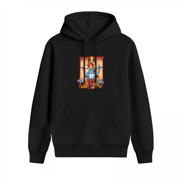 Black hoodie with retro animated fantasy character graphic print