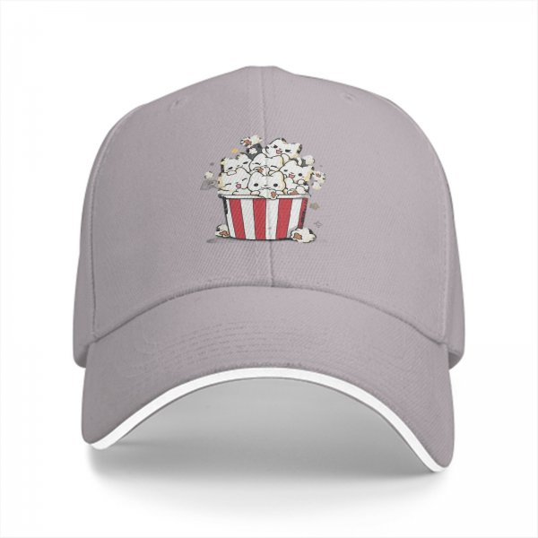 Black baseball cap with cute cat popcorn bucket graphic