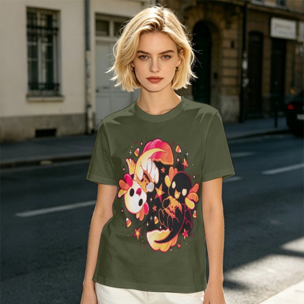 Olive T-Shirt with Halloween Axolotl Candy Corn Art