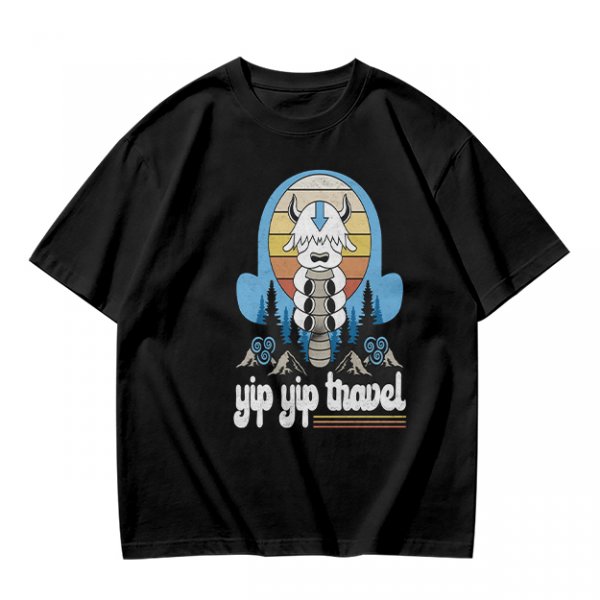 Olive green t-shirt with Appa graphic and 'yip yip travel' text