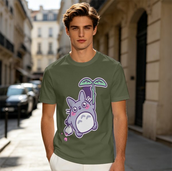 Olive T-Shirt With Cute Chibi Totoro Holding Leaf Print