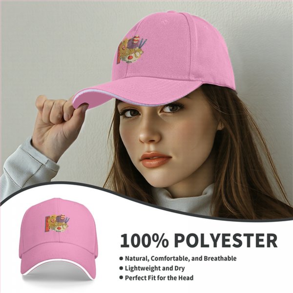 Black Baseball Cap With Playful Ramen Bowl Graphic Design