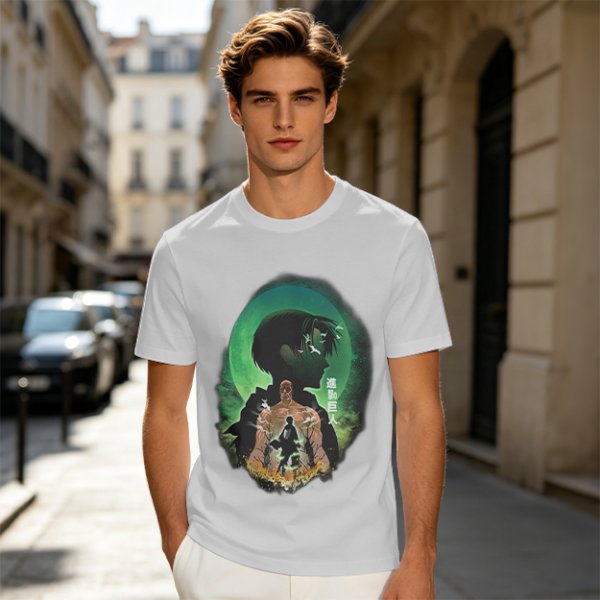 Attack on Titan layered silhouette graphic olive t-shirt