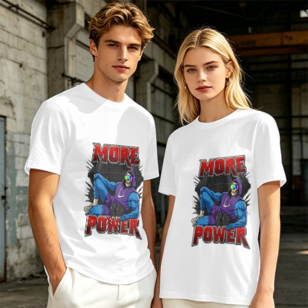 Olive Graphic T-Shirt with 'MORE POWER' and Muscular Skeleton Character