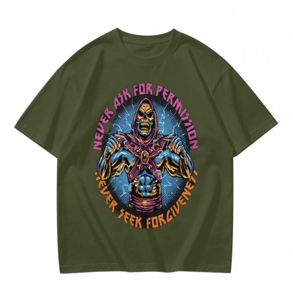 Olive t-shirt with skeleton warrior graphic and permission forgiveness text
