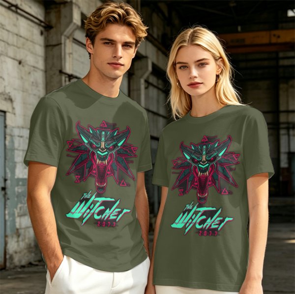 Olive T-Shirt With Cyberpunk Witcher Wolf Emblem Print