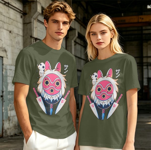 Olive T-Shirt with Princess Mononoke Mask and Kodama Print