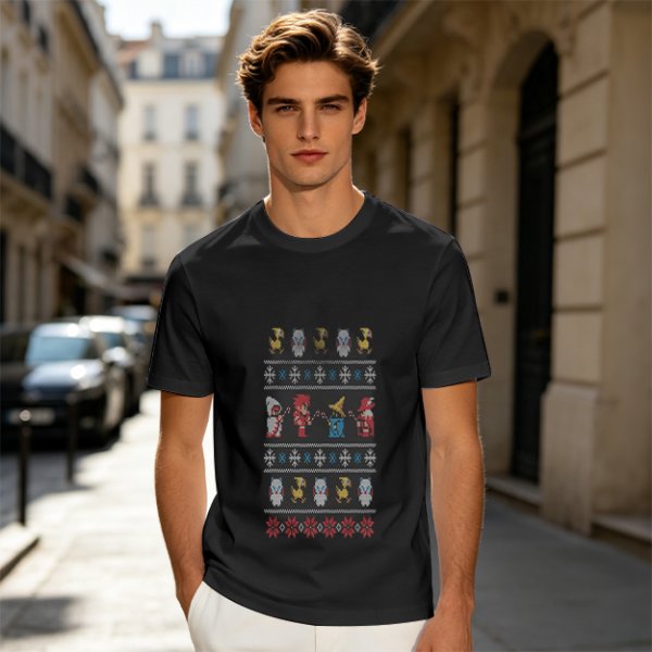 Olive T-Shirt With Final Fantasy Christmas Themed Pixel Art Print