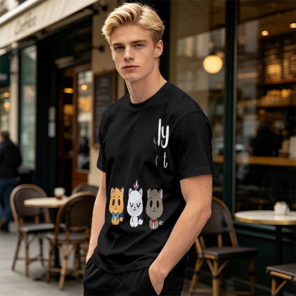 Olive T-Shirt With Cute Kitten Illustrations And Text Print