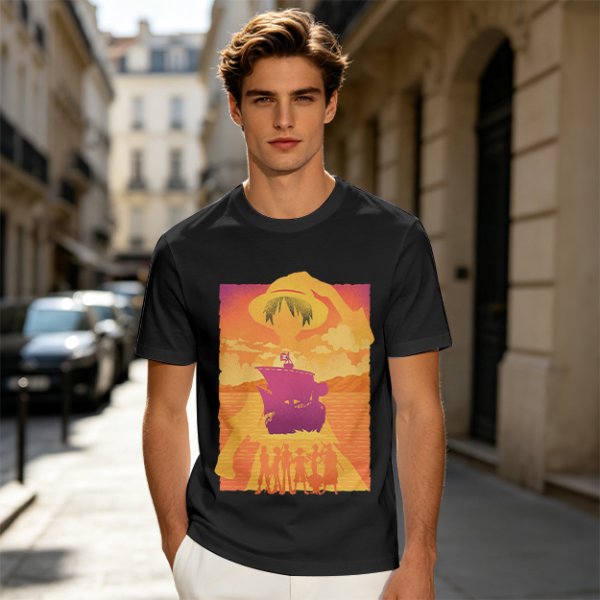 One Piece Straw Hat Crew Sunset Pirate Ship Graphic T-Shirt