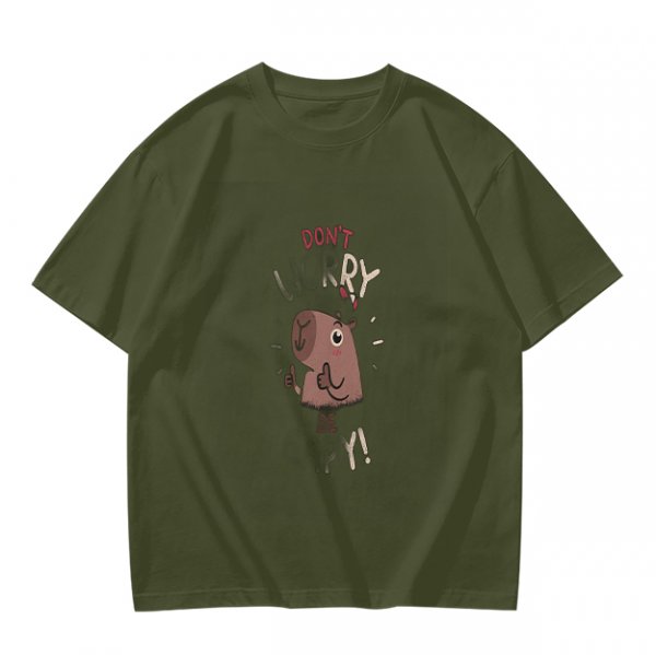 Olive Green T-Shirt With Don't Worry Cute Capybara Graphic