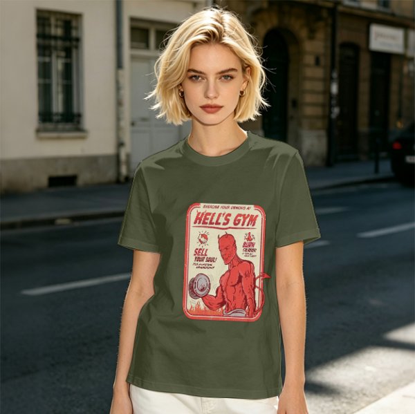 Olive T-shirt with Hell's Gym Devil Lifting Dumbbell Graphic
