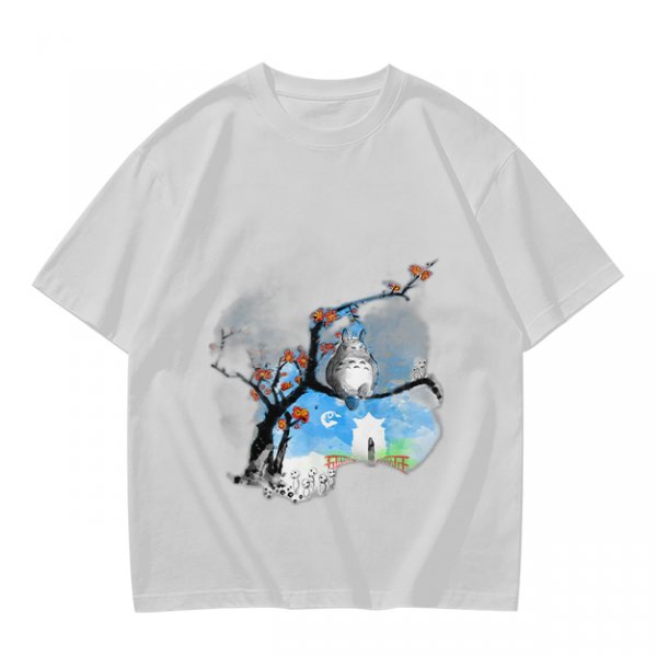 Olive green t-shirt with Totoro tree branch watercolor print