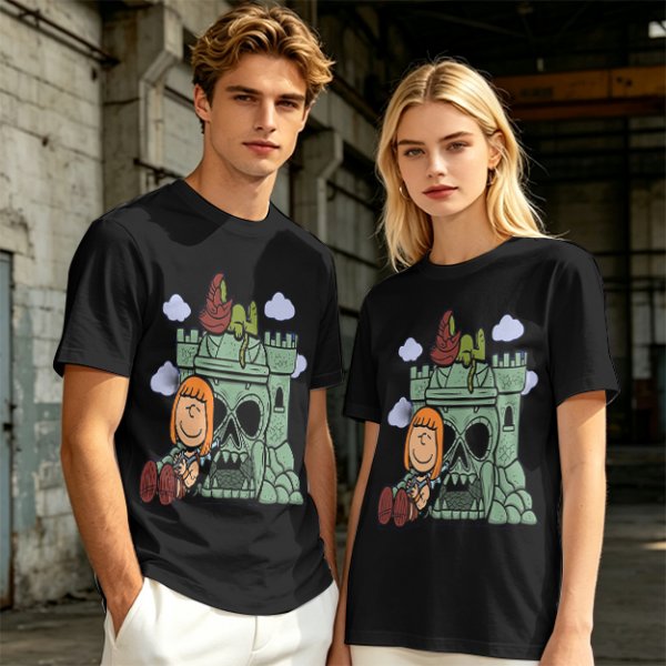 Olive T-shirt with Peanuts-style He-Man Castle Grayskull Graphic