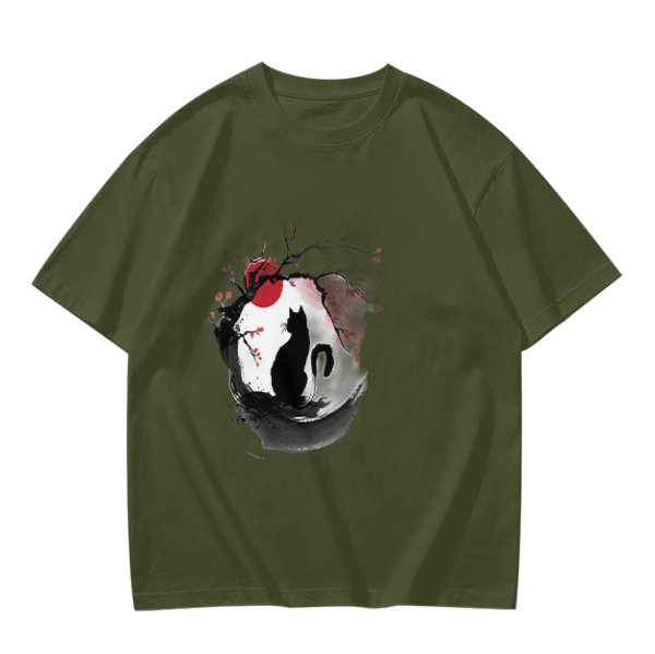 Olive T-Shirt with Japanese Style Cat and Red Sun Art Print